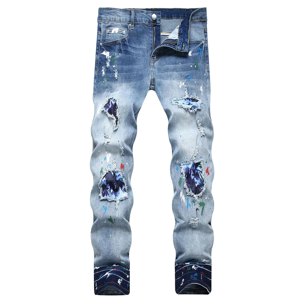 

Men Tie Dyed Patches Stretch Denim Jeans Streetwear Slim Tapered Pants Holes Ripped Painted Blue Trousers