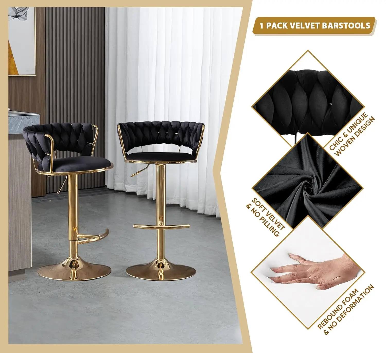 Velvet Swivel Bar Stools Set of 2 Adjustable Counter Height Woven Back Kitchen Dining Chairs, Customized