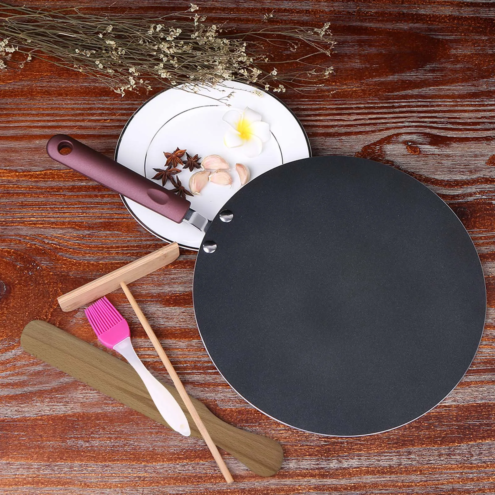 Pancake Pan Aluminum Alloy Crepe Maker Flat Pan Griddle Pan with Spreader & Spatula Crepe Maker Griddle Flat Pan