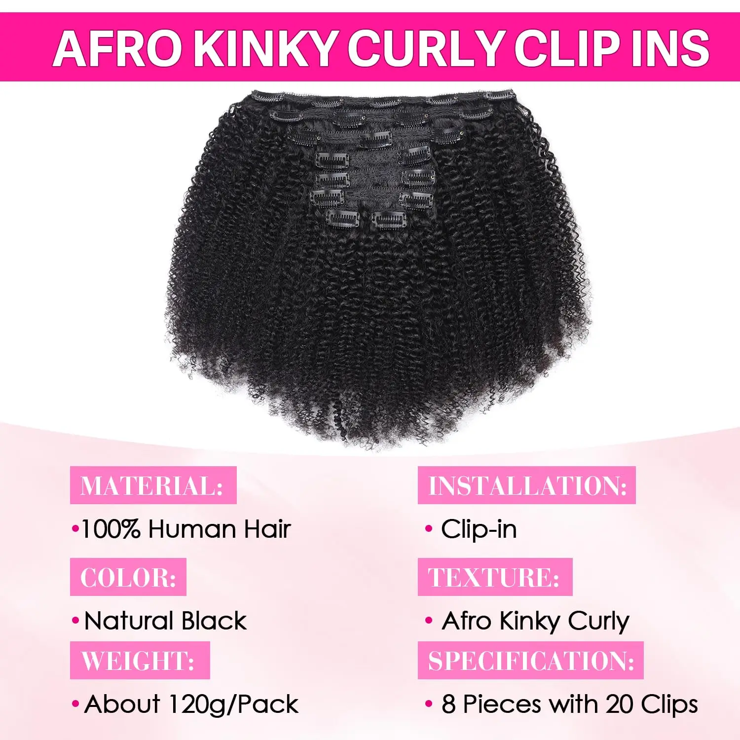 Afro Curly Clip-In Human Remy Hair Extensions 10-24 Inch Afro Kinky Textured Hair Extensions 100% Human Hair 120g 8Pcs/Set Full