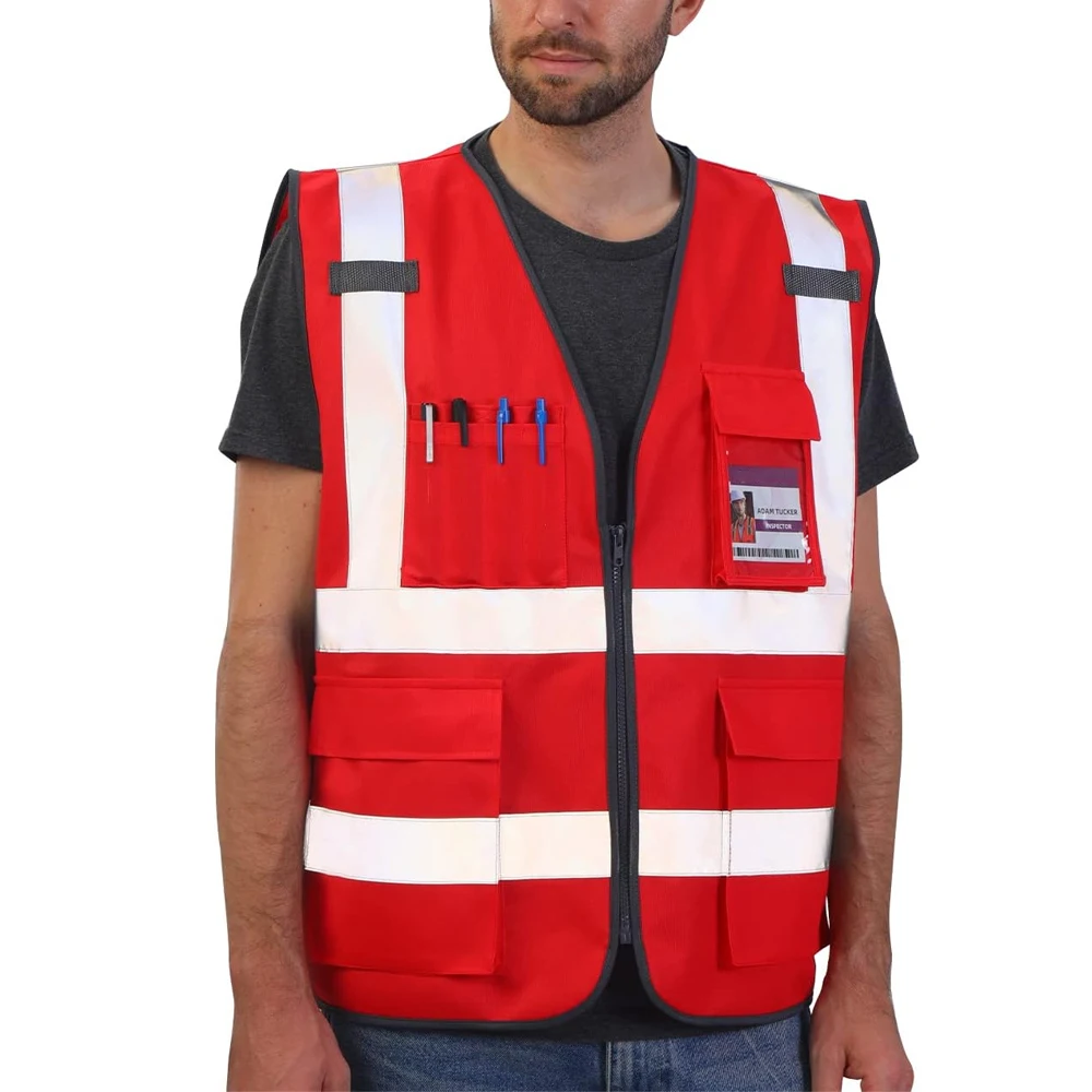 Red Reflective Work Safety Vests Multi-pocket Construction Worker Working Clothes High Visibility Reflective Safety Vest