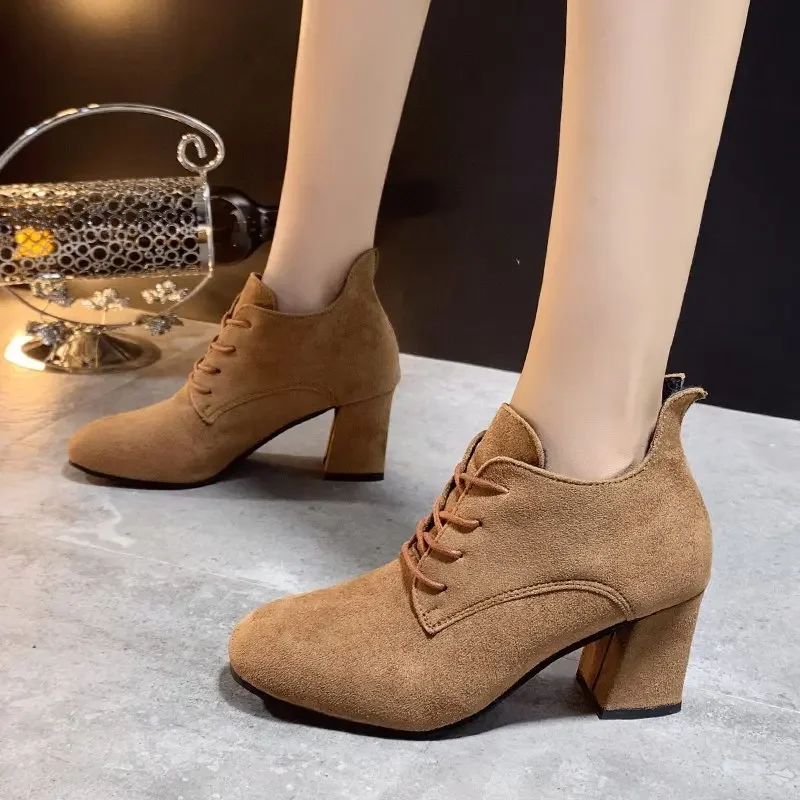 Spring New 2024 Ladies Retro Pumps Classics Flock Lace Up Office Round Toe Block High Heel Shoes Female Black Brown