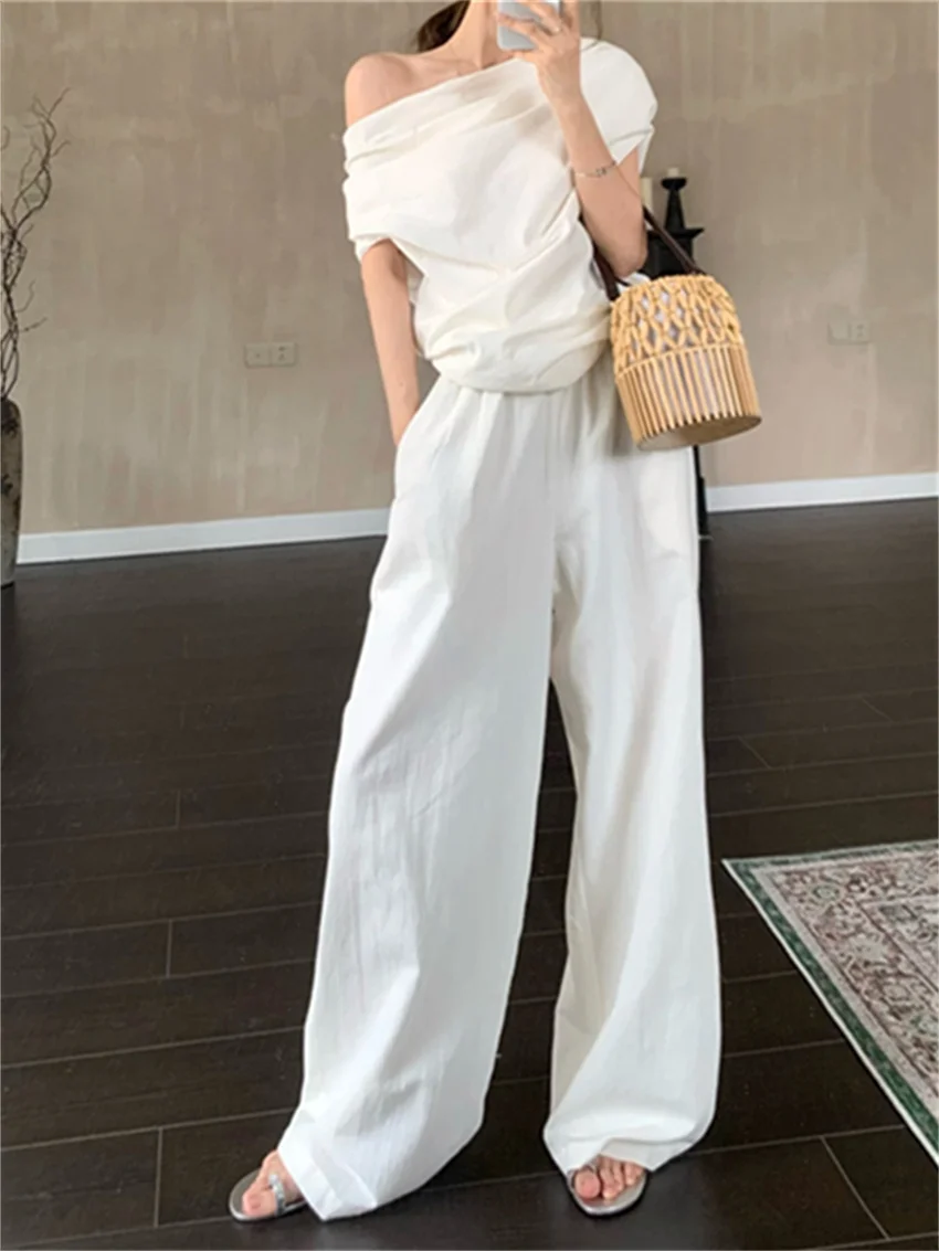 PLAMTEE Elegant Women Slim Suits Solid Chic Off Shoulders New 2024 Loose Summer Office Lady Short Sleeve Daily Wide Leg Pants