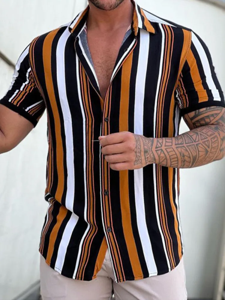 Men\'s Everyday Summer Casual Fashion Street High Street Cotton Striped Lapel Short Sleeve Brand New Beach Two-Tone Shirt