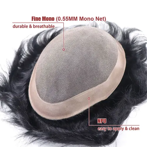 Imagen 2 del producto Mono fino respirable 6*8/ 6*9/ 7*9 con peluquín de PU para hombres # Peluca de hombre 1B de 6 pulgadas, peluquín de cabello humano, peluca de unidad de sistemas de reemplazo para hombres