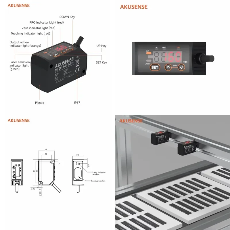 Akusense MLD25-200NV Photoelectric Sensor Triangulation Diameter Measurement NPN/PNP Output Flexible Mounting 120-280mm