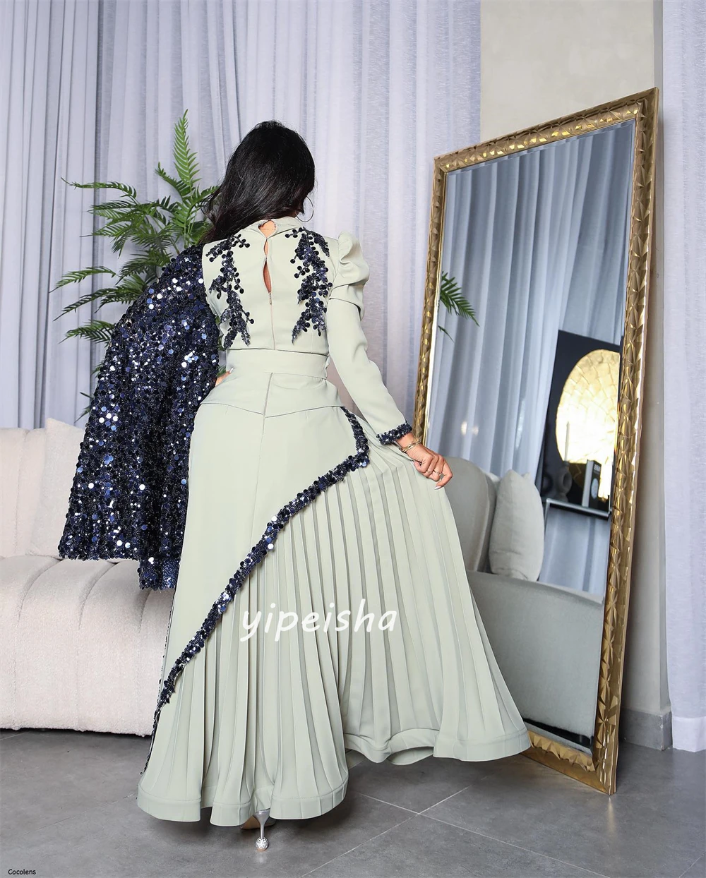 Customized Jersey Applique Sequined Draped Party A-line High Collar Bespoke Occasion Gown Midi Dresses Saudi Arabia