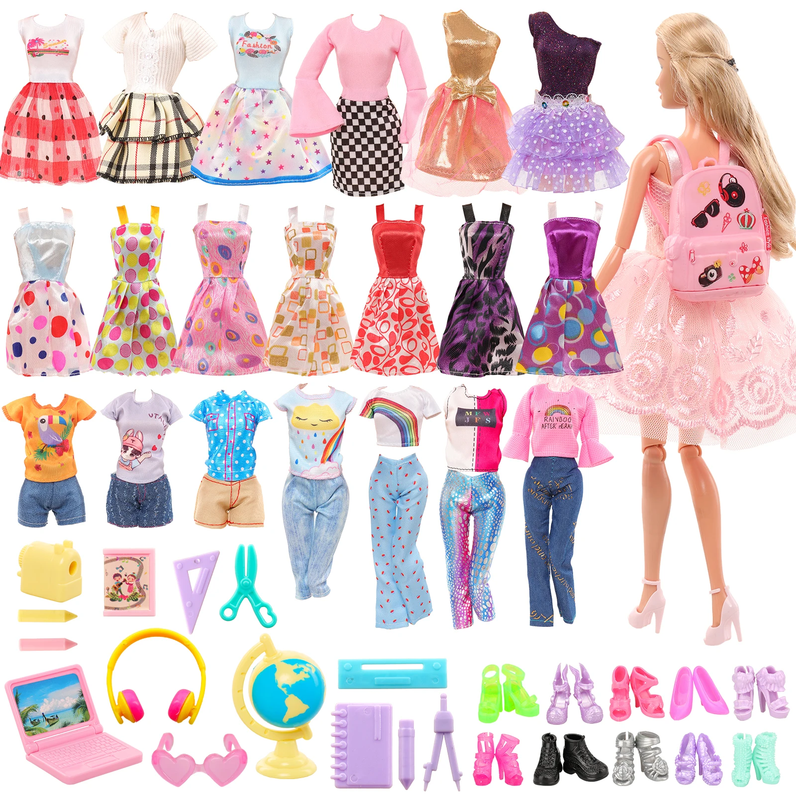 Barwa 43 Pcs Fashion For Girl Doll Clothes and Accessories=8 Fashion Skirts+3 Tops and Pants+10 Shoes+19 Learning Accessories