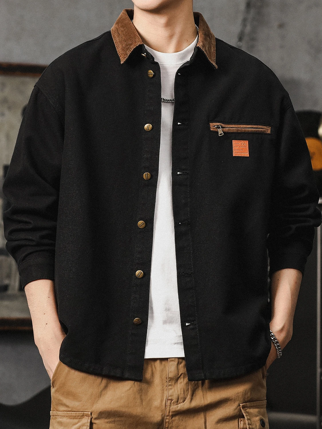 

Retro American Sle Men's irt Jaet Spring 2025 New Detroit High End Color Blo Collar Workwear Jaet Youth Casual Cott...