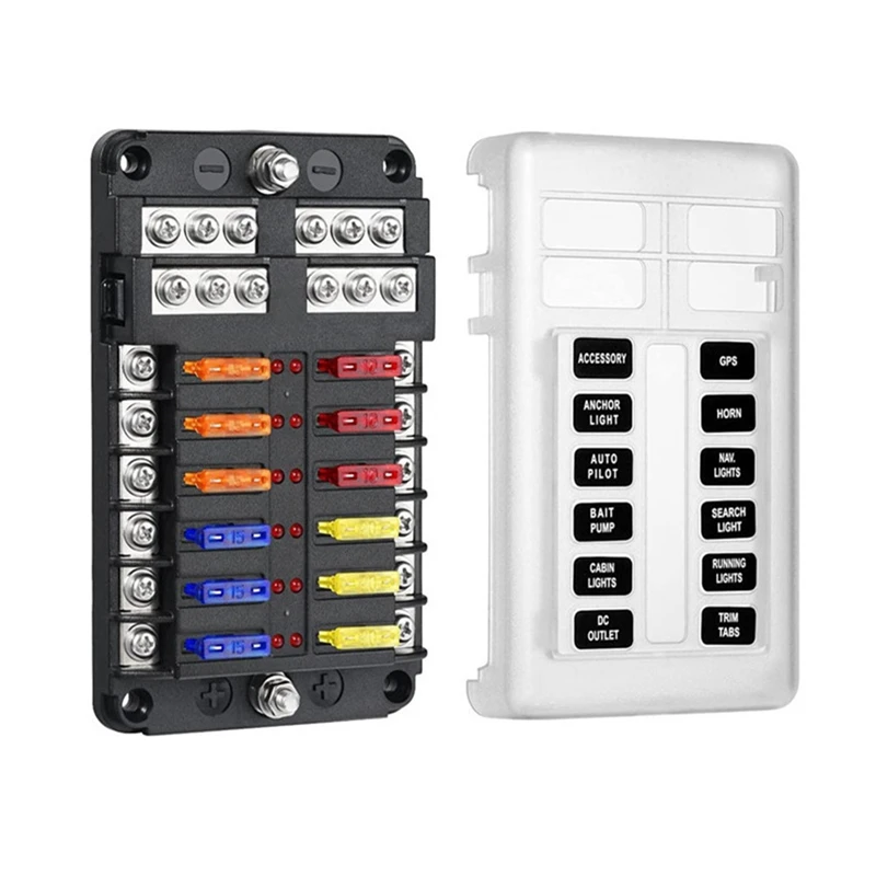 12V Fuse Block 12 Circuit Fuse Box Kit,With LED Indicator With Negative Marine Fuse Box For Dc12-24V Car Boat RV Truck