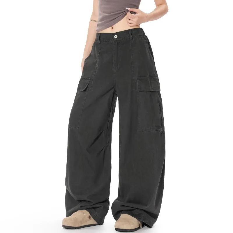 OR FL American Baggy 100 Cotton Women Cargo Trousers Multiple Pockets Staraight Mop the Floor Slacks Women's Wide Leg Pants Y2k