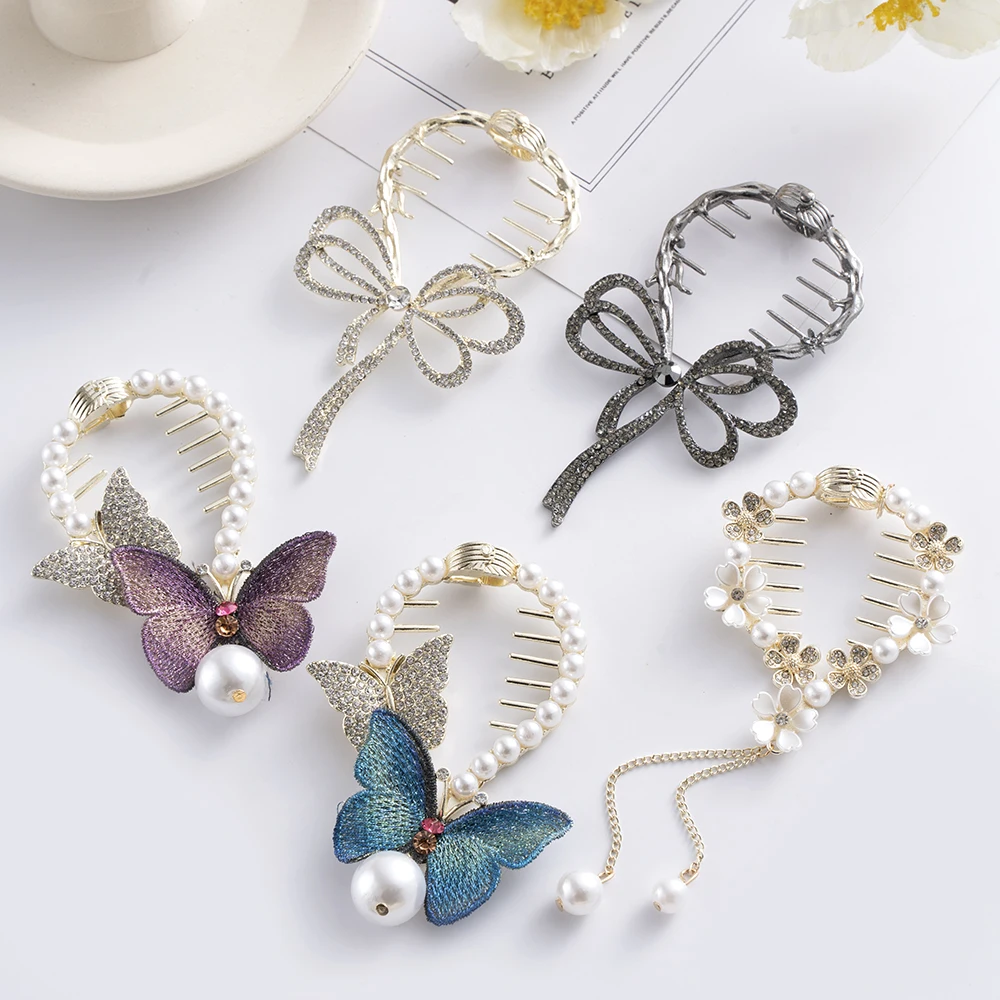 Pearl Rhinestone Hair Claw Clips Bow Flower Tassel Horsetail Buckle Bun Ponytail Holder Hair Clip Women Female Hair Accessories