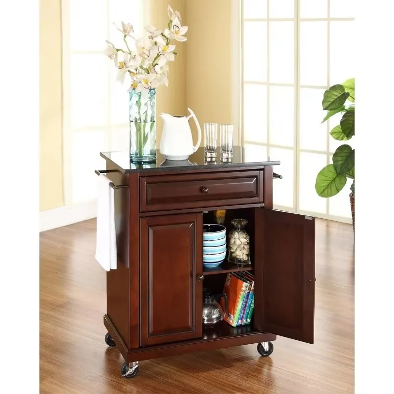 Compact Kitchen Island with Solid Black Granite Top, Mahogany