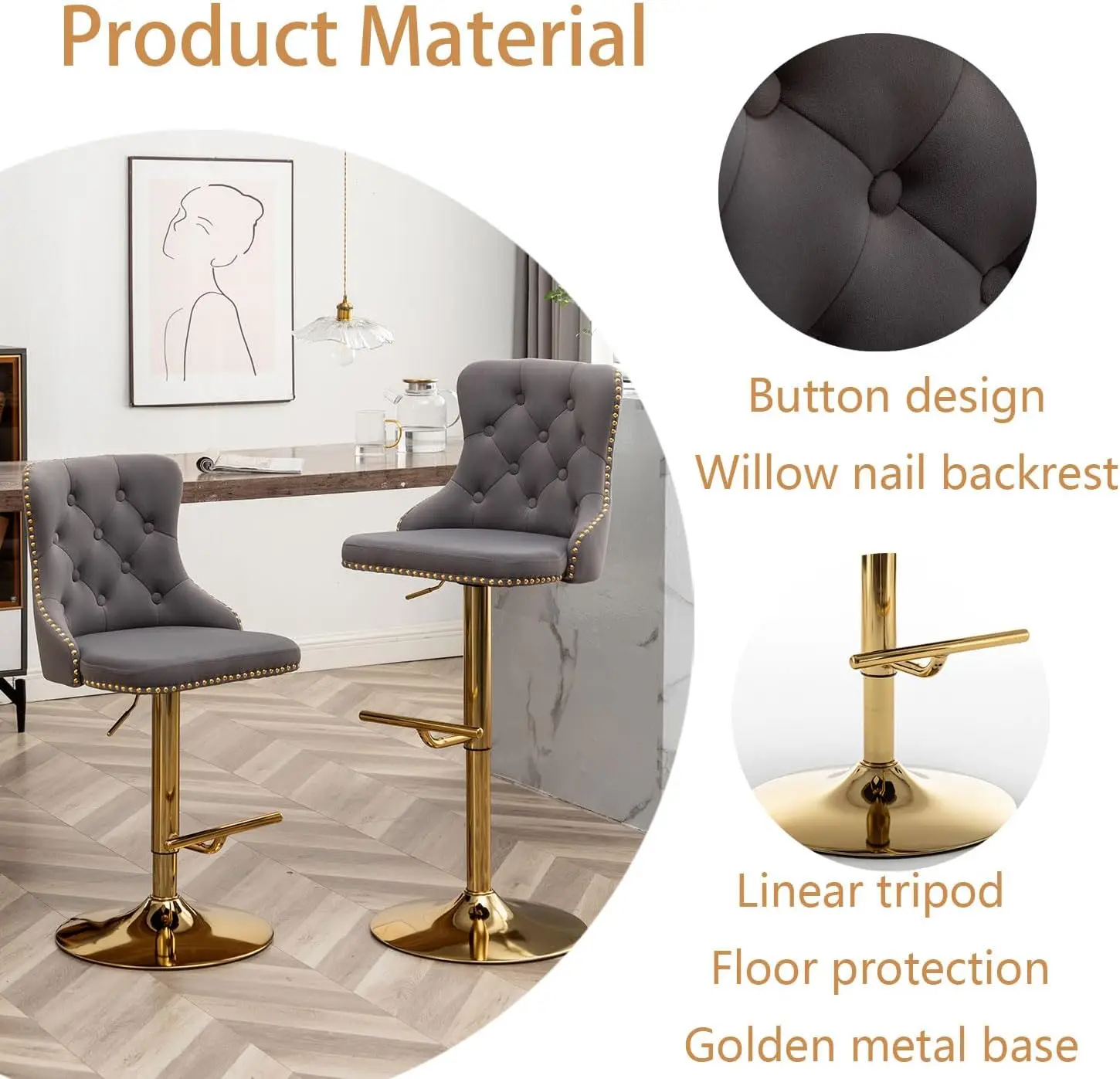 Bar Stools Set of 2, Counter Height Bar Stools with Button & Nailheads Trim, Gold Swivel Bar Stools for Kitchen Island (Grey)