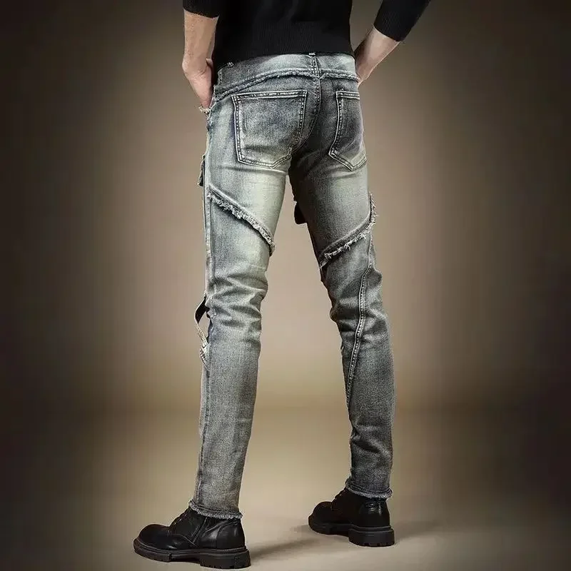 Jeans For Men Punk Skinny Male Cowboy Pants Tight Pipe Trousers Spliced Straight Slim Fit Motorcycle Comfortable Y 2k Vintage