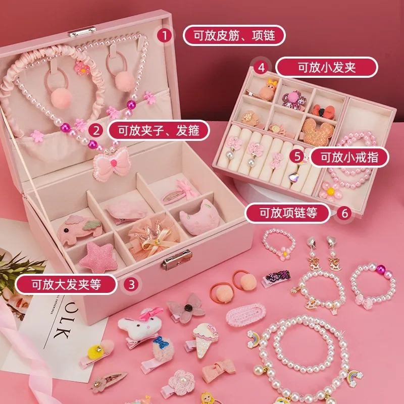 ชุดสีชมพูเด็กเล่น House ของเล่นจําลอง Double-deck เครื่องประดับ Dresser กล่องสร้อยข้อมือสร้อยคอ DIY อุปกรณ์เสริมผมของขวัญ