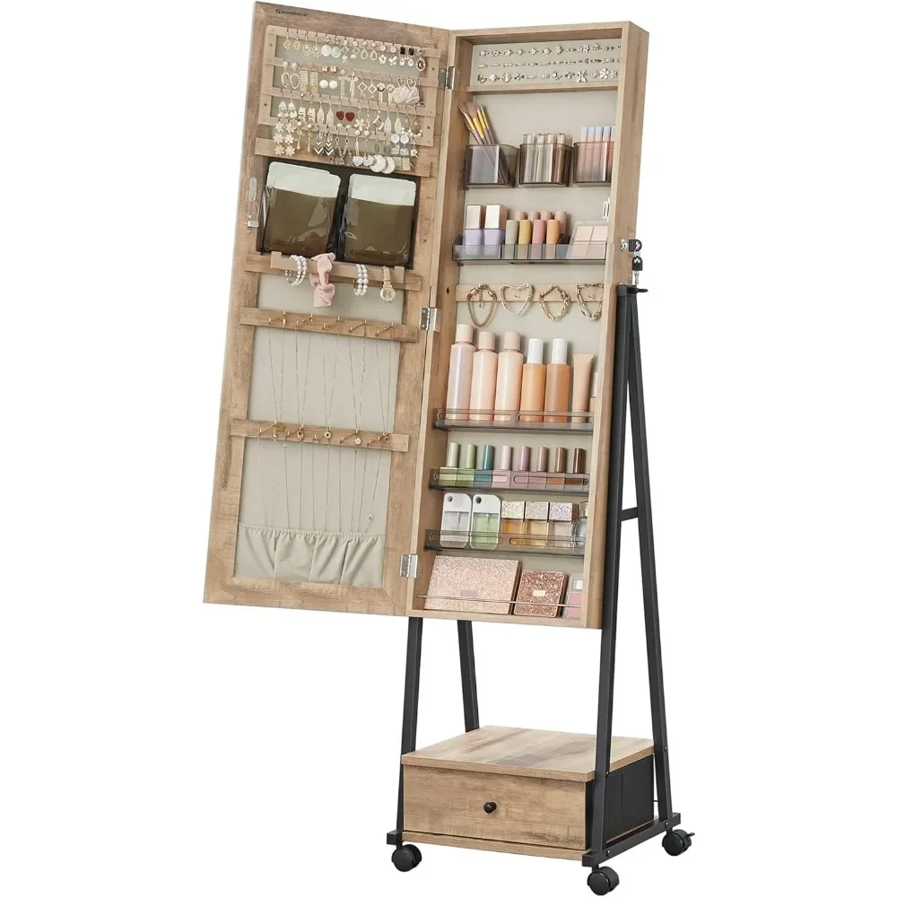 

Jewelry Cabinet Floor Standing, Lockable Jewelry Organizer with High Full-Length Mirror, Bottom Drawer, Shelf, Wheels, Armoire