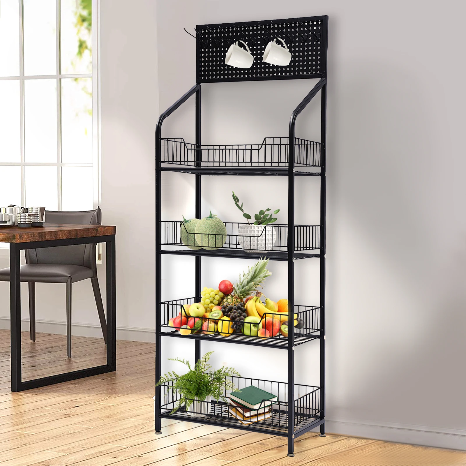

4 Tier Retail Display Rack with Wheels, Metal Wire Storage Shelf Basket Stand Cart with Hole Plate and Hooks for Bedroom Kitchen