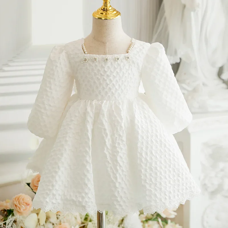 Customized Square Collar Beading Design Flower Girls Dress Elegant Long Sleeve Ball Gown Kid Birthday Dresses Slim Solid Tempera