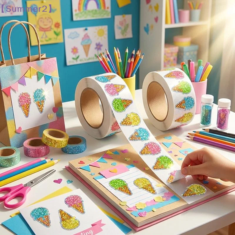100-500 Pcs Summer Ice Cream Stickers Roll Holographic Ice Cream Cone Stickers Colored Waterproof Self-Adhesive Decals〔Sum2〕