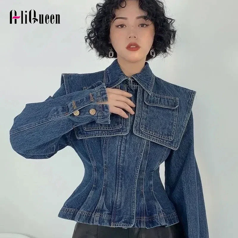 

Korean Blue Large Lapel Shawl Pocket Denim Coats Women Casual Retro Slim Jeans Jackets Outwear Chaqueta Mujer Jaqueta Streetwear