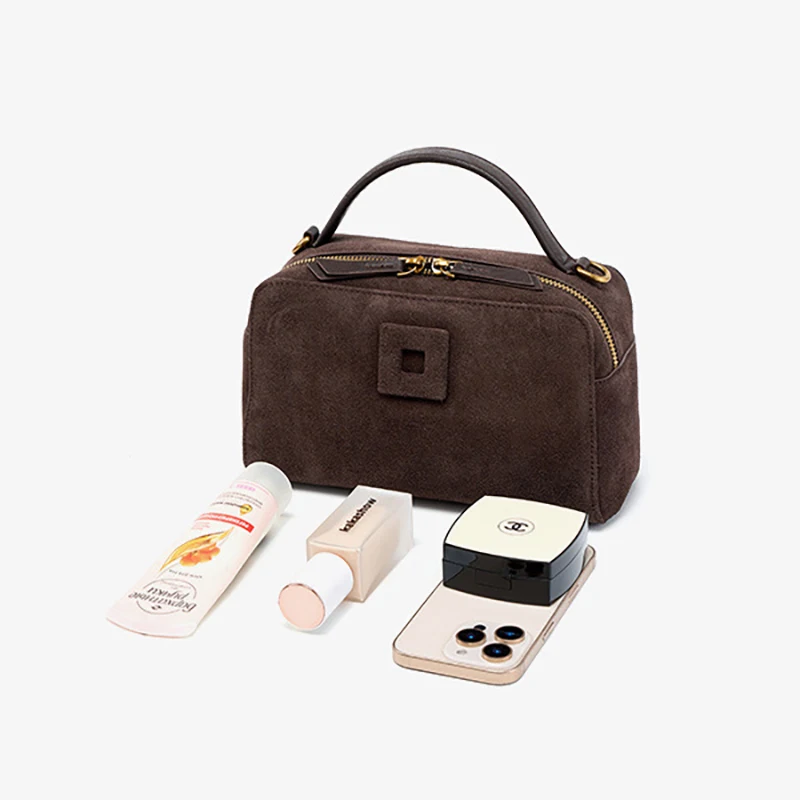 Genuine Suede Nubuck Cowhide Leather Boston Bag Women Vintage Top Handle Handbag Shoulder Crossbody Doctor Bag