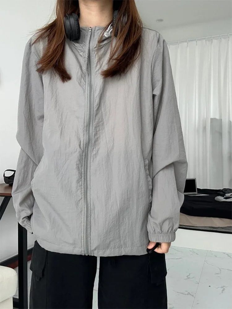 Gray Ice Silk Quick Dry Sun Protection Jacket Hooded Drawstring Lightweight Spring Men's Casual Style Long Sleeve Zipper Coat