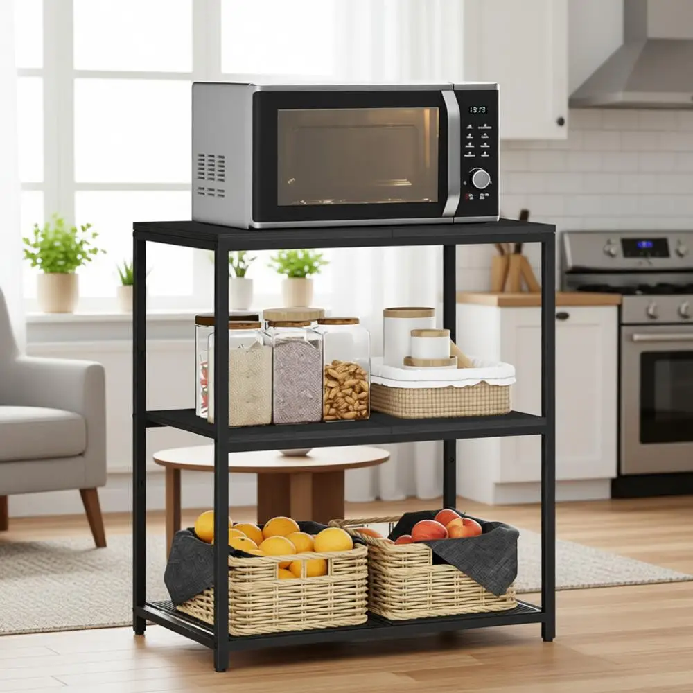 

Кухонный остров с 3 полками и большой рабочей зоной, черная металлическая полка-стеллаж и рабочий стол