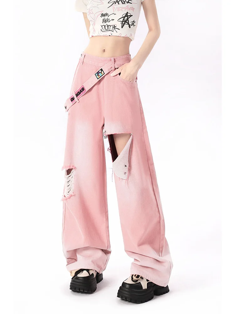 

Women's Pink Jeans Gradient Design Feel Hiphop High Waist Spicy Girl Y2K High Street Straight Tube Casual Wide Leg Pants