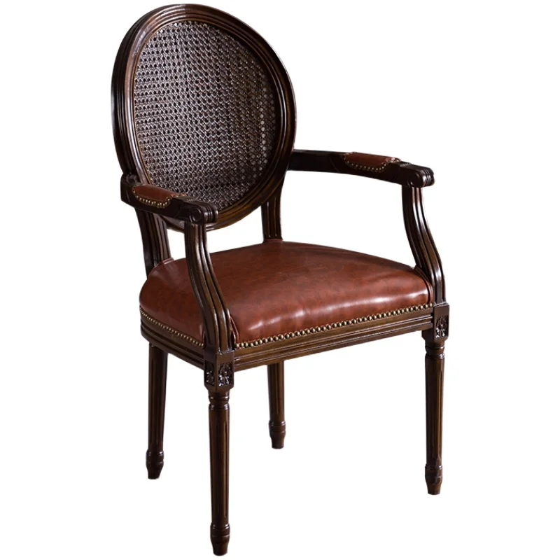 American Country - inspired Oak Dining Chairs: European Retro - style Rattan Elements, Ideal for Hotel and Cafe, Solid Wood Desk