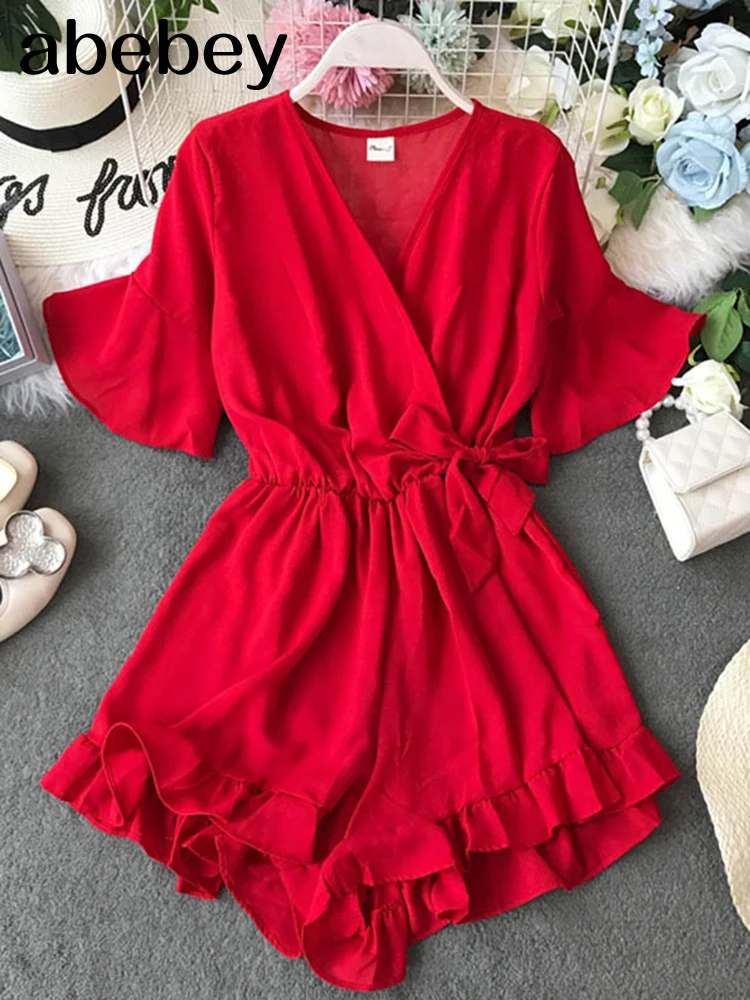 Sweet Ruffled Women Playsuits Elastic High Waist Bow Female Jumpsuit Romper Butterfly Sleeve Short Overalls for Girls