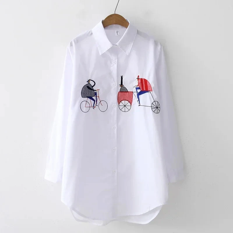 2024 New White Long Sleeve Shirt Casual Button Up Turn Down Collar Blouse Female Cotton Tops Embroidery Ladies Clothes 5083 50