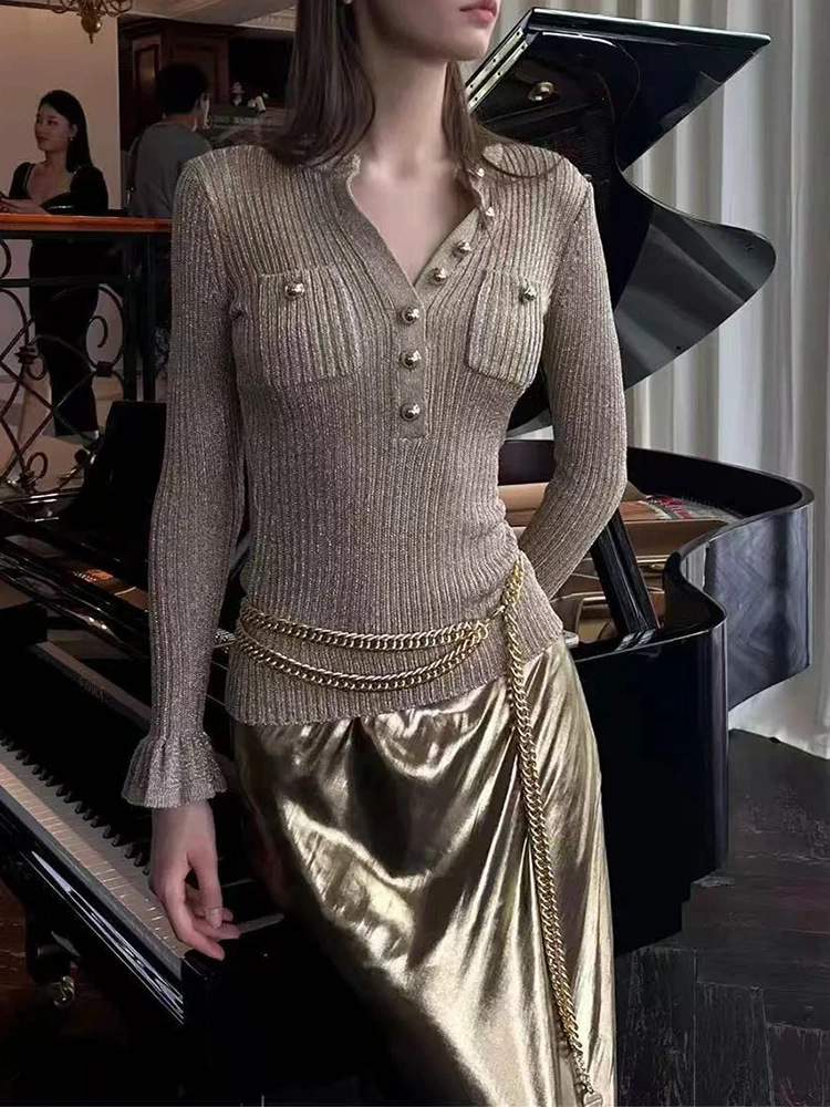 

Autumn Winter New Fashion Temperament Sweater Pullover Women Elegant Flared sleeve O-Neck Slim Knit Tops With Chain Ladies