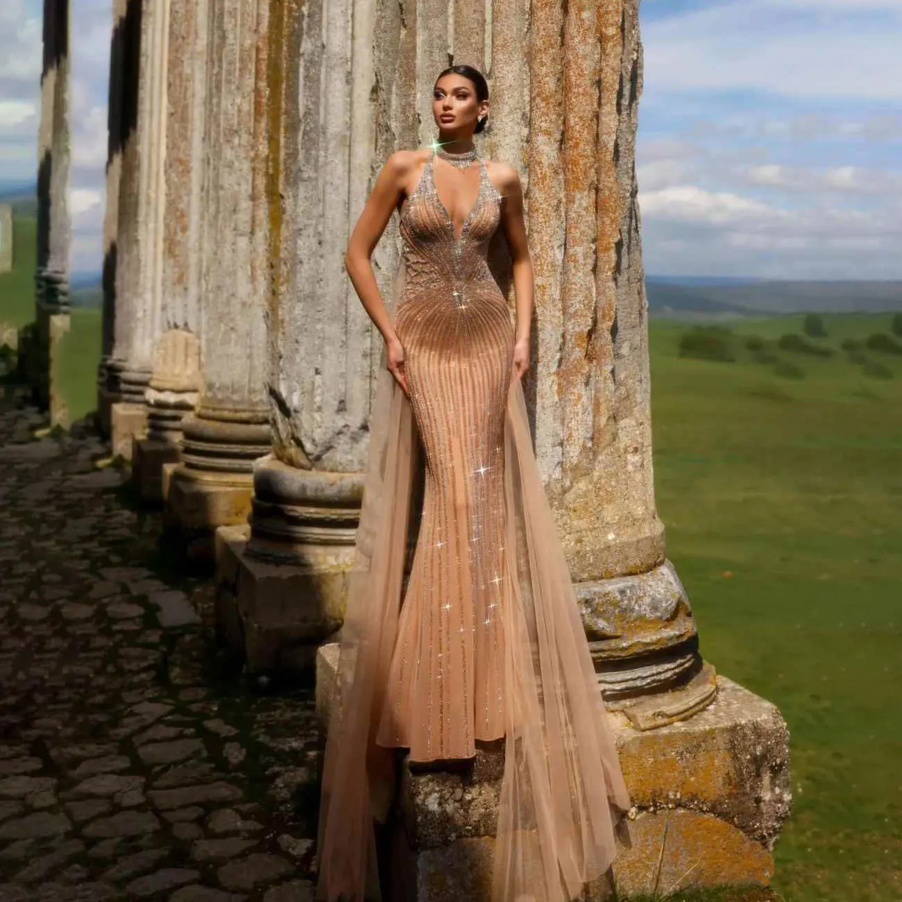 

Elegant Prom Dress A-Line Strap Evening Dress Sleeveless Sequins Appliques Shine 3D-Lace vestidos de novia Plus Size Customized