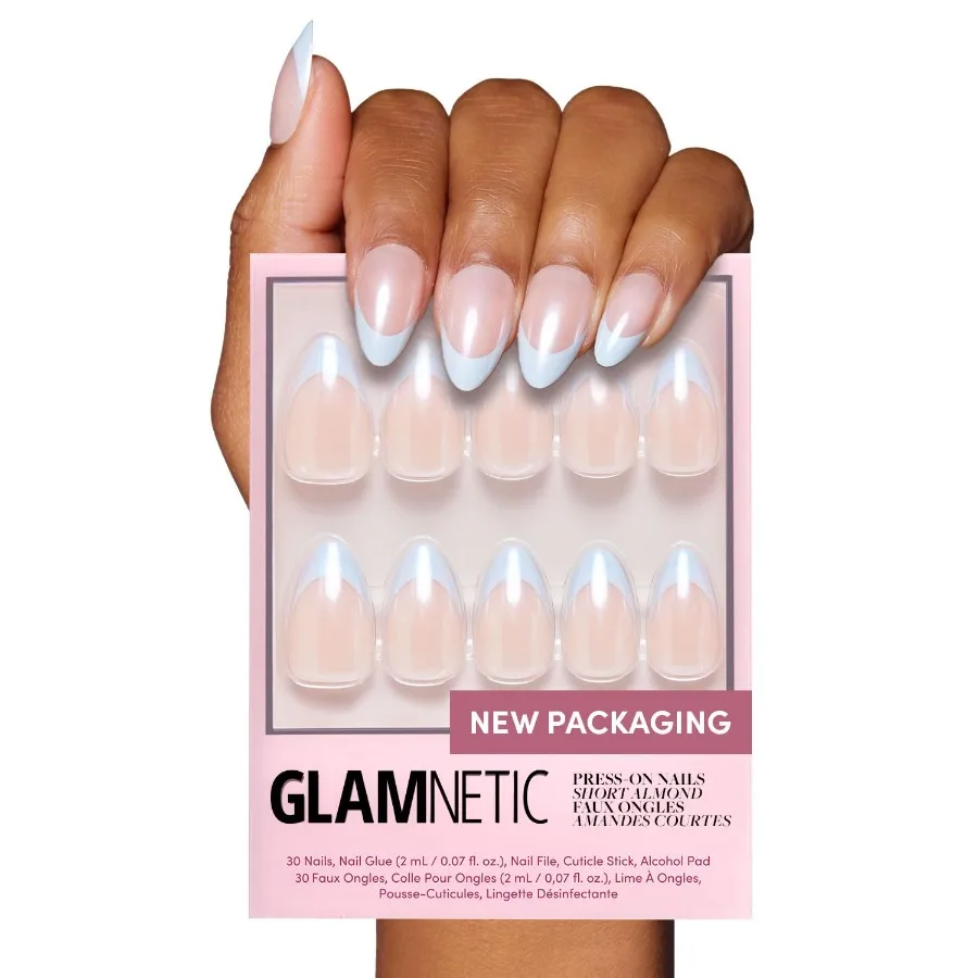 

Press On Nails for Everyday Wear Blueberry Icing Design with Short Almond Shape and Baby Blue French Tip Accent Glaze Finish fo