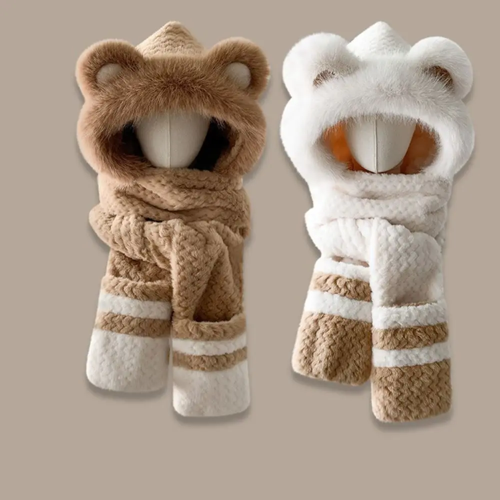 High-Value Bear Protection Hat Soft Thickened Design Integrated Cap Gloves Scarf Windproof Pullover Ear Protection Hat
