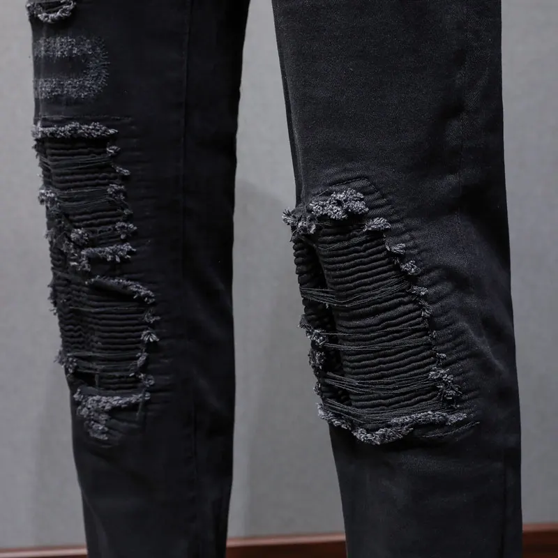 

Fashion New Black Men's Jeans Washed NostalgicY2K Stretch Slim Fit Perforated Patch Jeans Designer Hip Hop Brand Pants Hombre