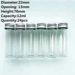 24 pcs/lot 15ml 11*22*70mm Tiny Glass Bottles Silver Screw Cap Decoration jar Glass Jars  Mini Containers Small Vial Bottles