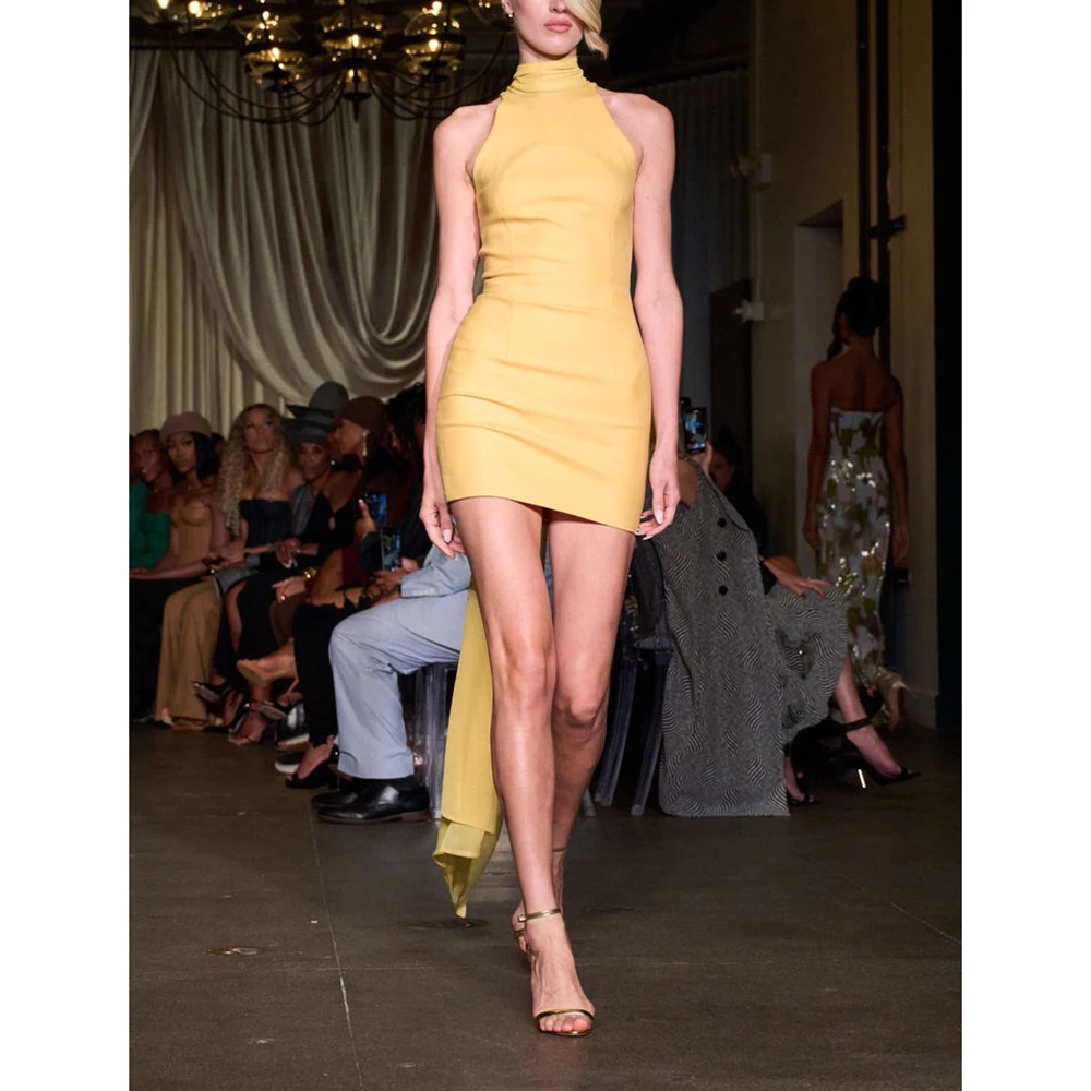 

Customized Simple Style Yelllow Evening Dresses Halter Slim Mini Straight Prom Dress Mini Length Wedding Evening Party Growns