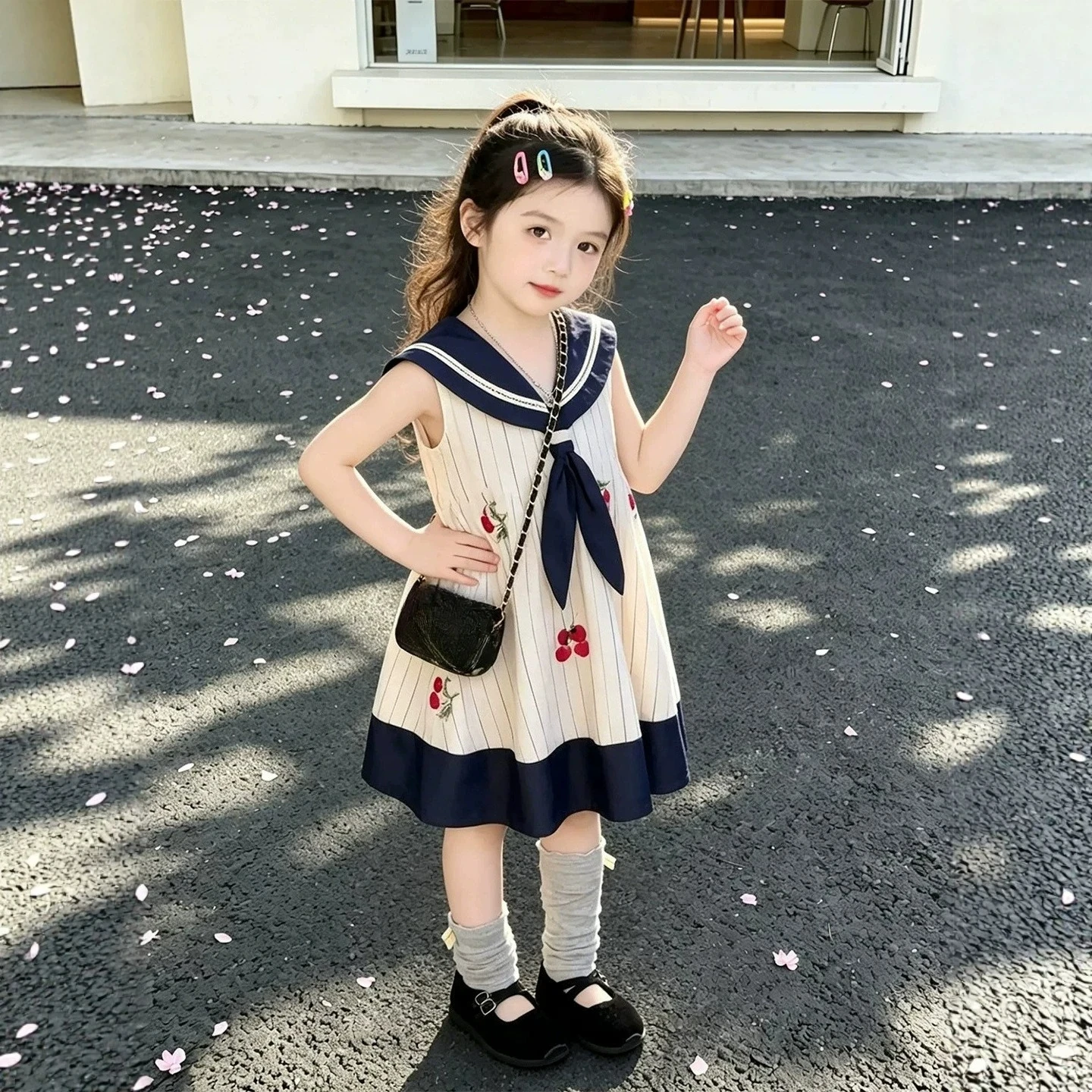 2026 Summer New Campus Style Baby Girls' Dress Deep Blue Color Blocked Sweet Dress Girls Princess Dress