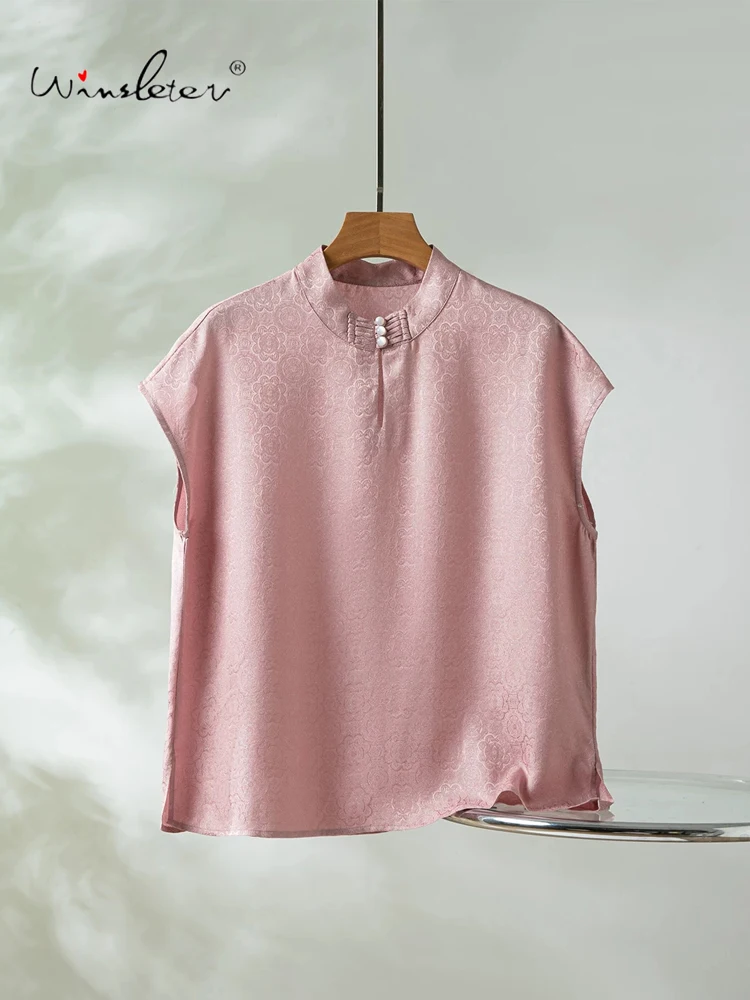 

Winsleter-100%Real Silk Elegant Shirt, Stand Jacquard, Women Retro Temperament Breathable Loose Blouse, 2026 Summer New T66236CC