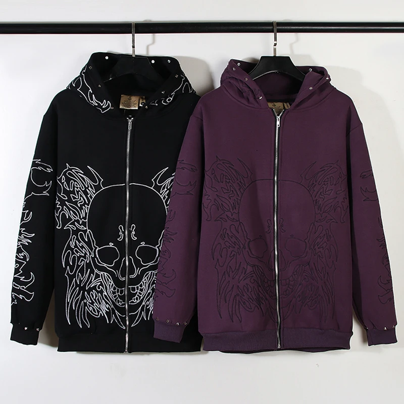 Winter Fleece Fashion Brand Revenge Cardigan Hoodie Multi-stitch Embroidery Skull Print Heavy Industry Rivet Zip Hoodie Hoodie