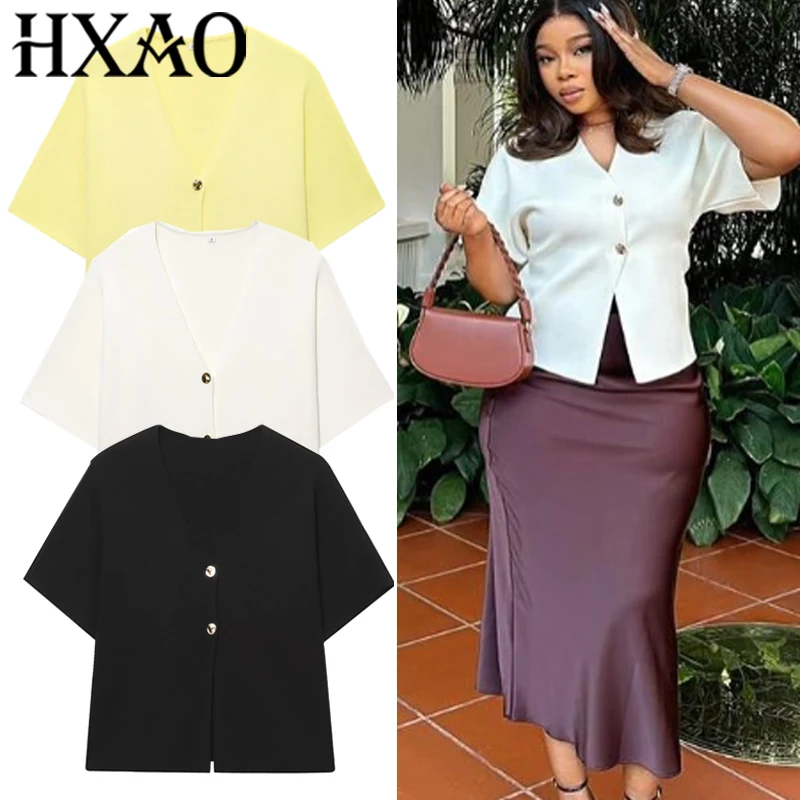 

HXAO Sweater Woman Crop Knit Cardigan Outerwears Short Sleeve Button Jacket Elegant Black White Yellow Cardigan Short Sweaters