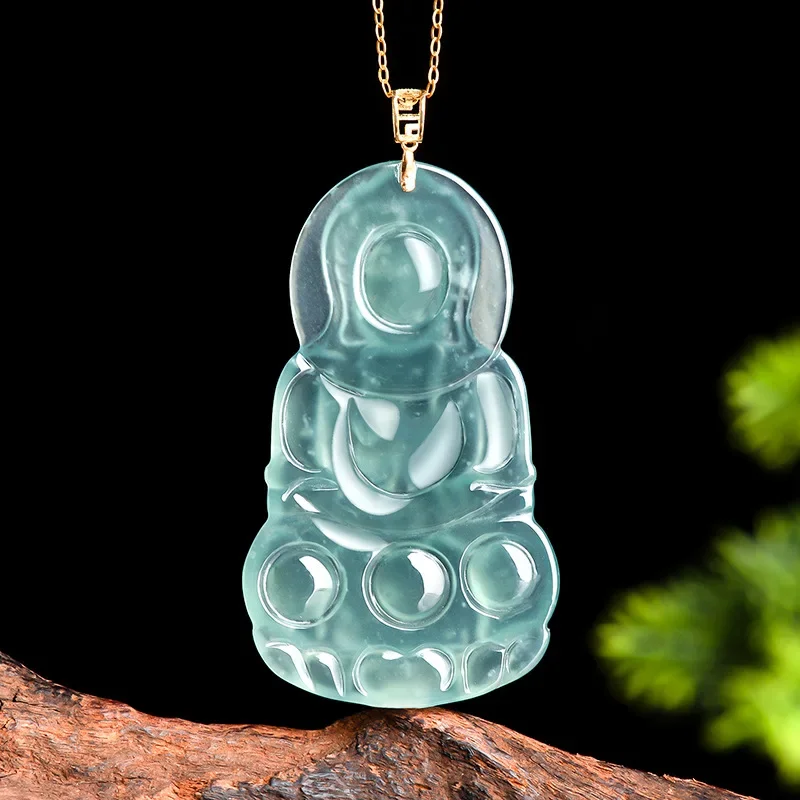 Natural A-grade Jade 18K Gold Button Head Blue Water Guanyin Ice Jadeite Pendant Type Charms For High End Men's Women's Jewelry