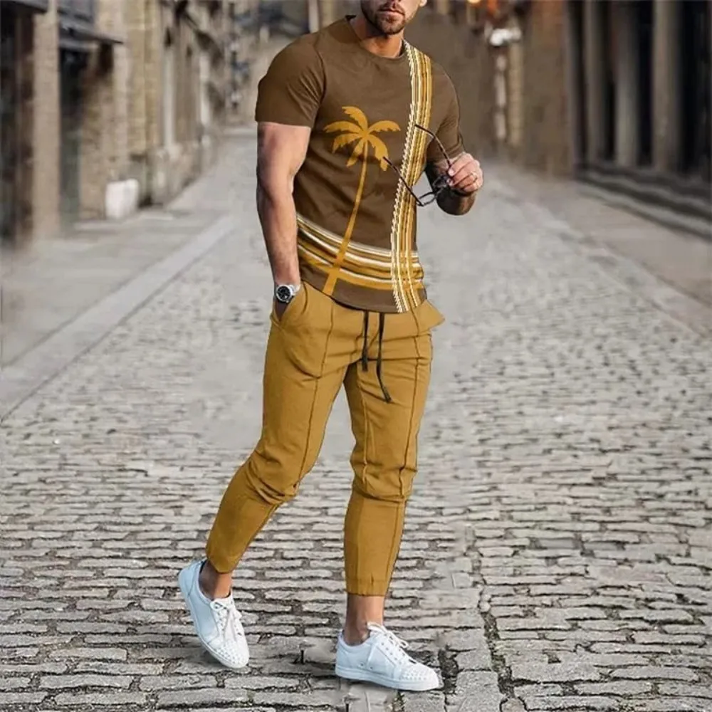 New Men's Comfortable Breathable Short Sleeve Round Neck T-shirt Pants Set 3D Printed Latest Retro Outdoor Leisure Set