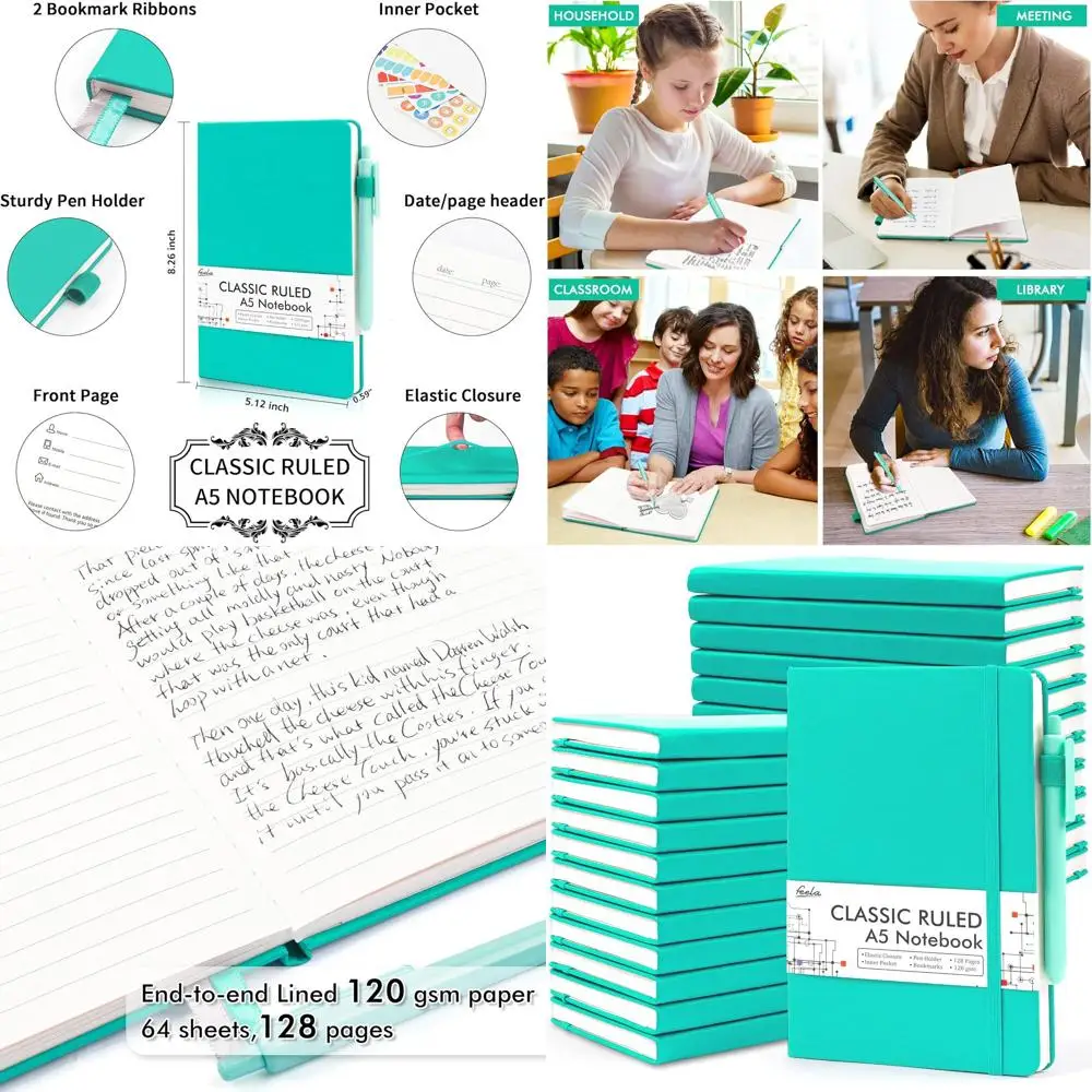 

Набор тетрадей формата А5 в линейку, 24 штуки, бумага 120 г/м² и 24 черные ручки, обложка цвета аква