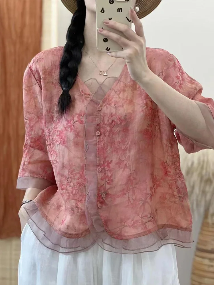 

Linen ort Sve Printed irt Women's Casual Loose Fit V-Ne Korean Sle Summer New Arrival Anti-Aging Mom Clothes