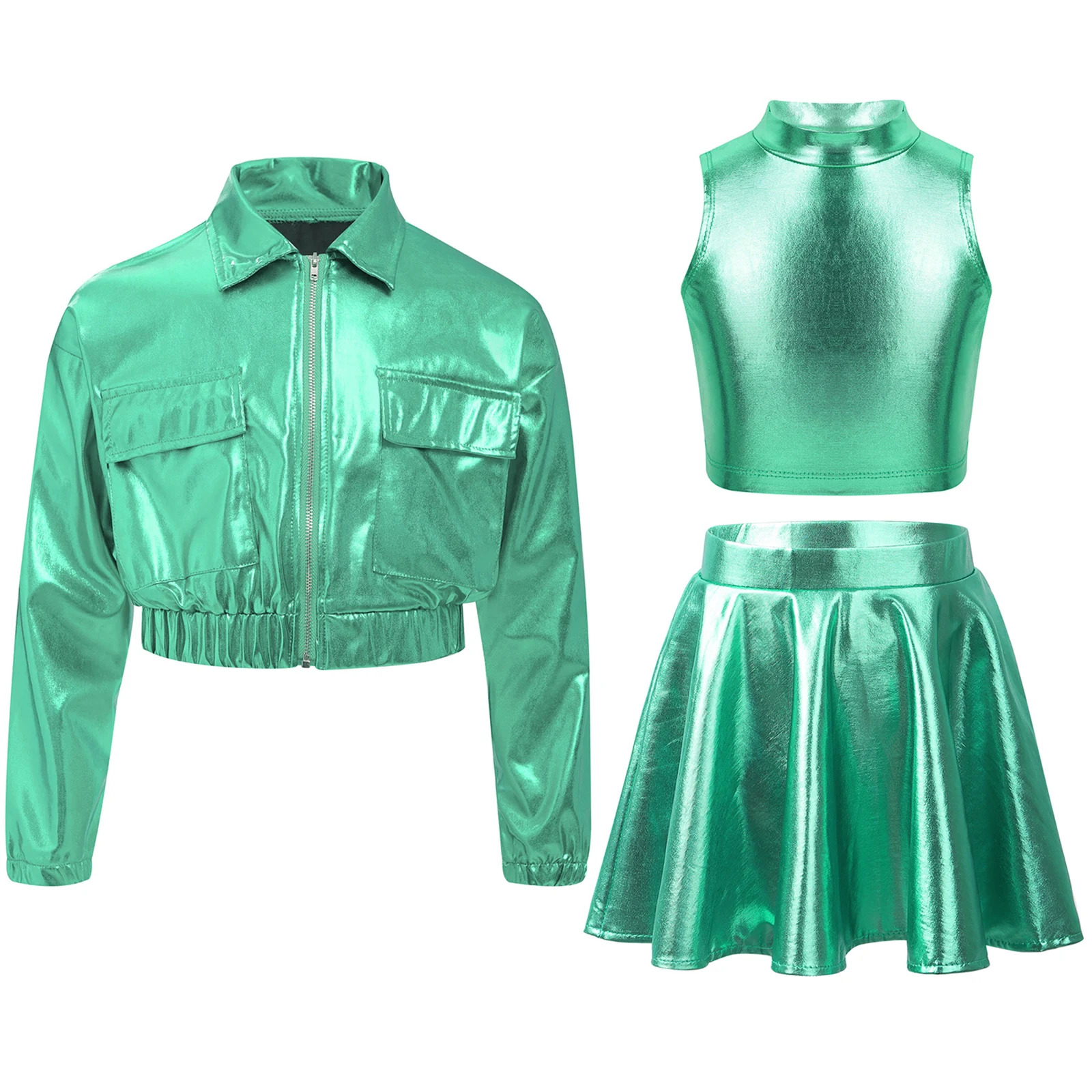 Kids Girls Metallic Jazz Dance Costume Outfit Children Hip Hop Streetwear Fashion Shiny Dancewear Sets Cheerleading Uniforms