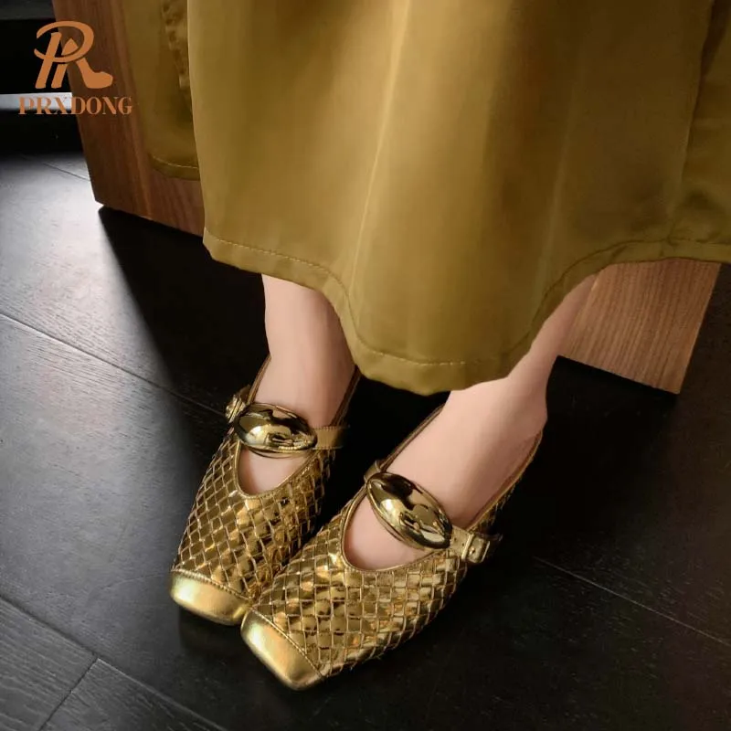 PRXDONG Women Shoes New Brand Summer Quality Med Heels Open Toe Gold Silver Dress Party Casual Lady Sandals Slippers Size 34-40