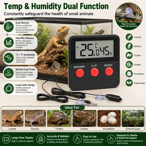 Digital Thermometers and Hygrometers for Indoor and Outdoor Use, with Probes, Suitable for Reptiles in Glass Containers.